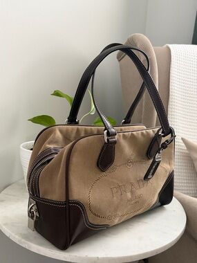 Prada Beige Canvas with Brown Leather Trim Satchel Vintage